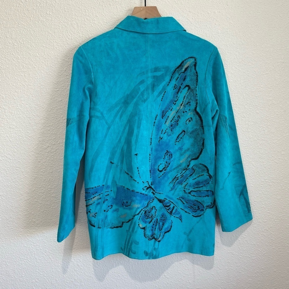 VTG Chico's Womens Small Blue Leather Beaded Butterfly Jacket Y2K Boho Bright